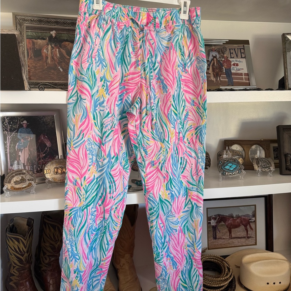 Lilly Pulitzer Pink, Teal & Yellow Palm-Print Pull-On Pants